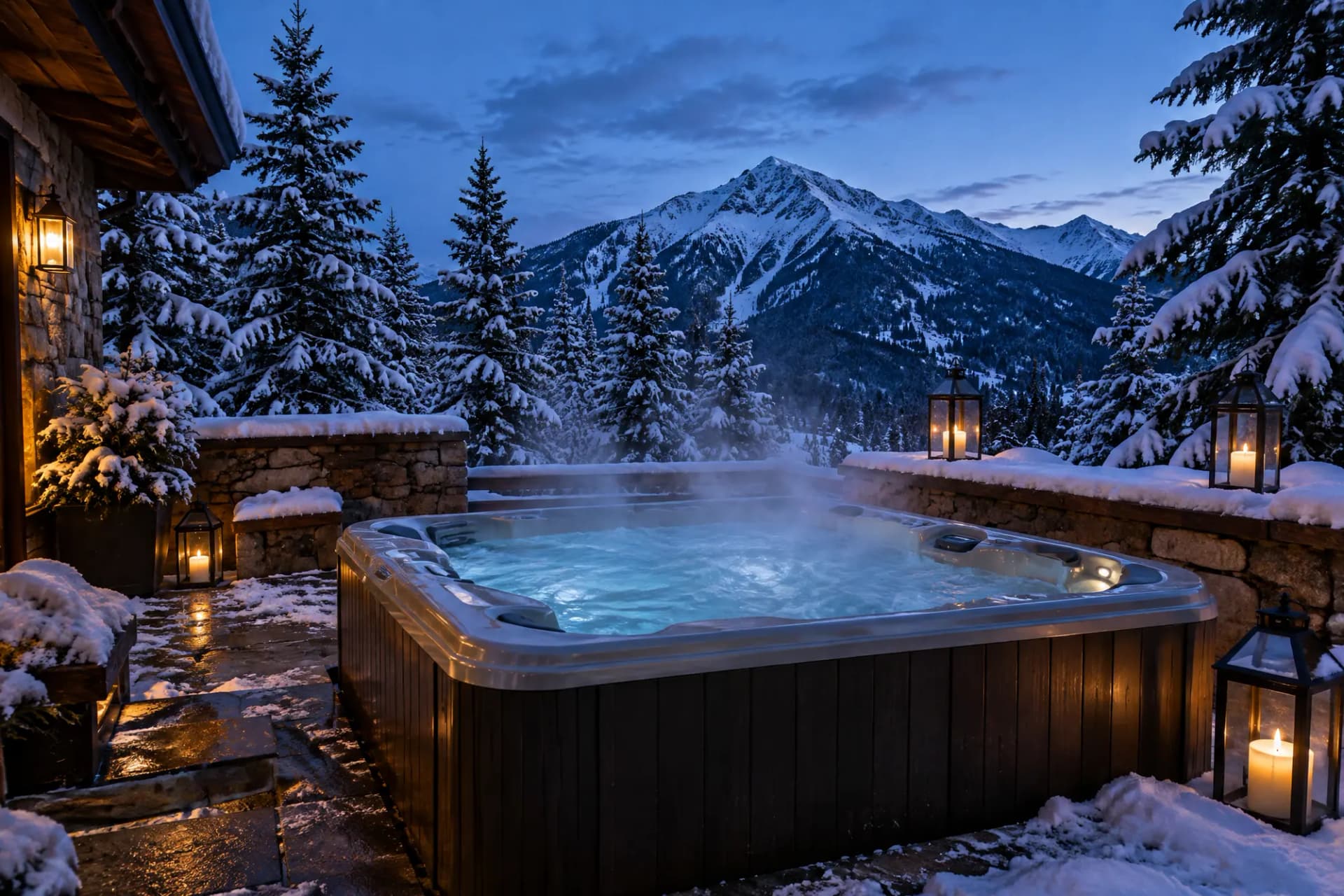 A steaming hot tub on a snowy stone terrace at blue hour