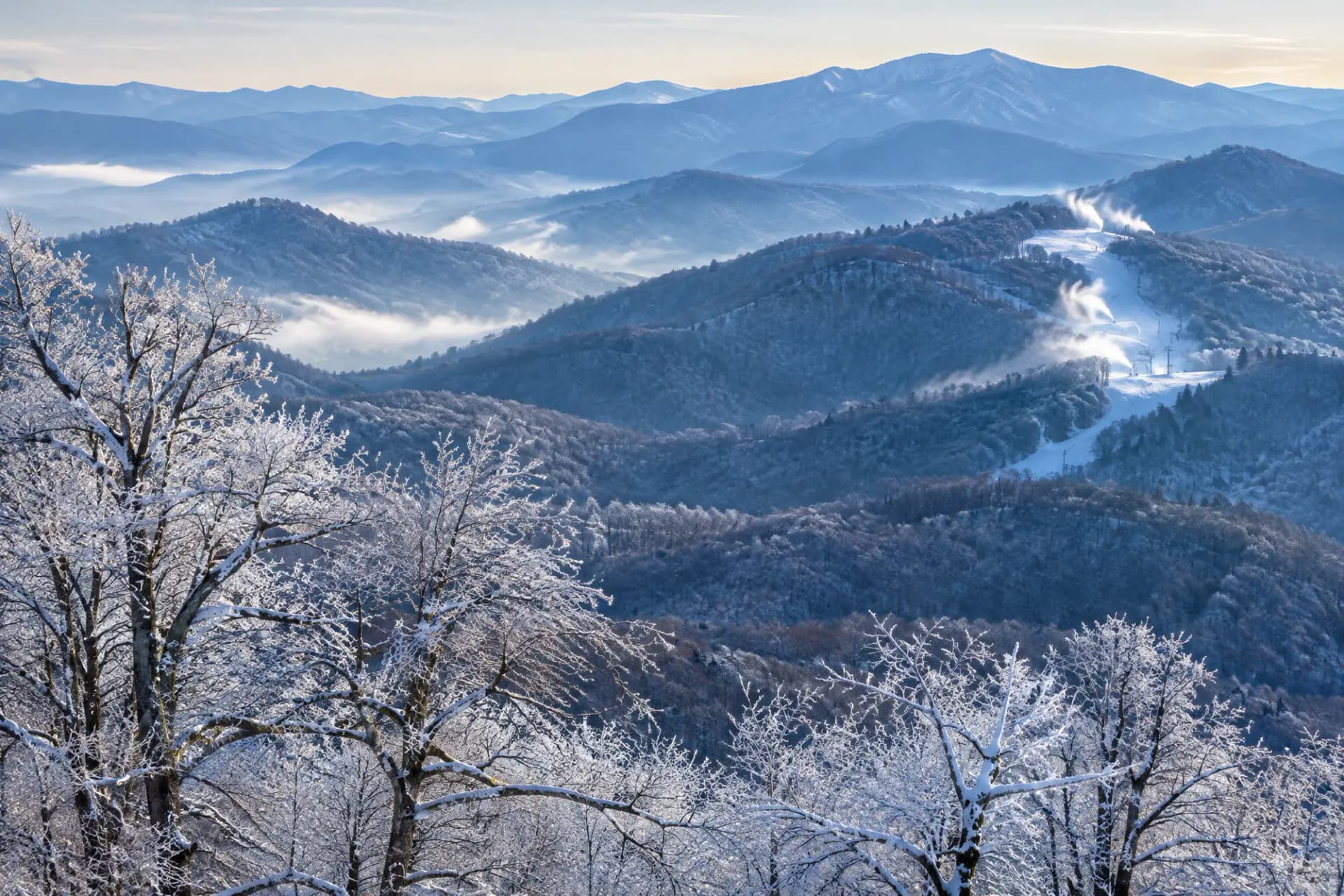 Snow-dusted Appalachian ridges with rime ice on the trees